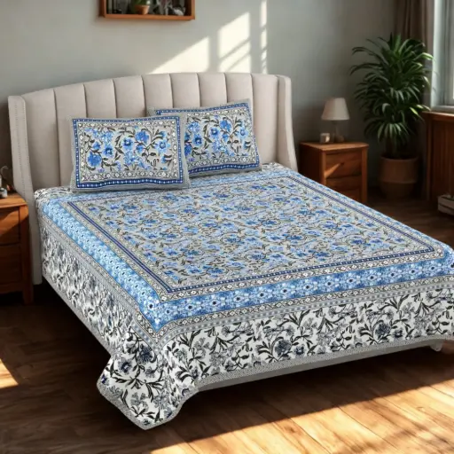 BLUE/Super Home 93x108 Inches Pure Cotton King Size Bedsheet for Double Bed