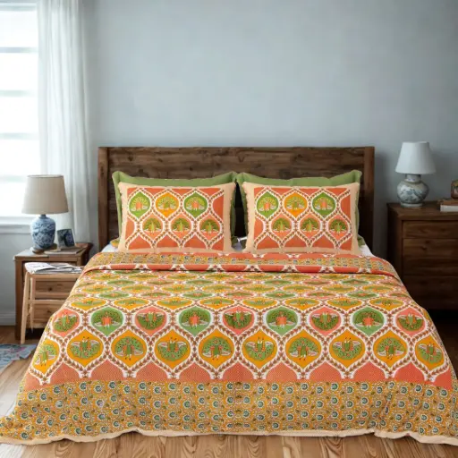 Green & Orange| Soft & Breathable Cotton Bedsheet Super King 108x108 with Pillow Covers