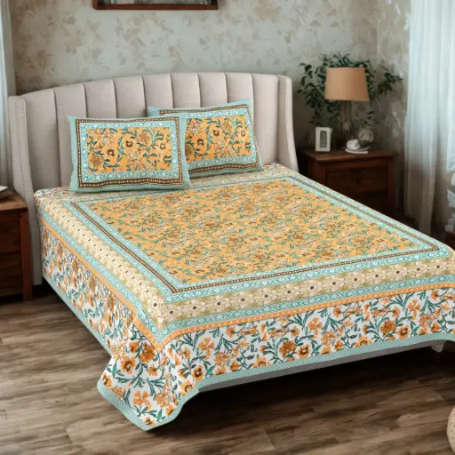 YELLOW/Super Home 93x108 Inches Durable Cotton Bedsheet with Matching Pillow Covers