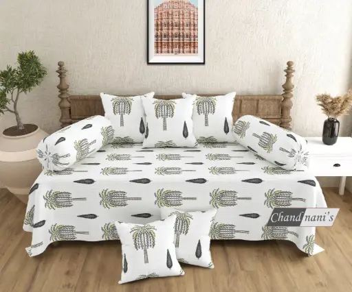 white/Super Home Stylish Pure Cotton Diwan Bedsheet Set of 8 Pcs with Cushion & Bolster Covers