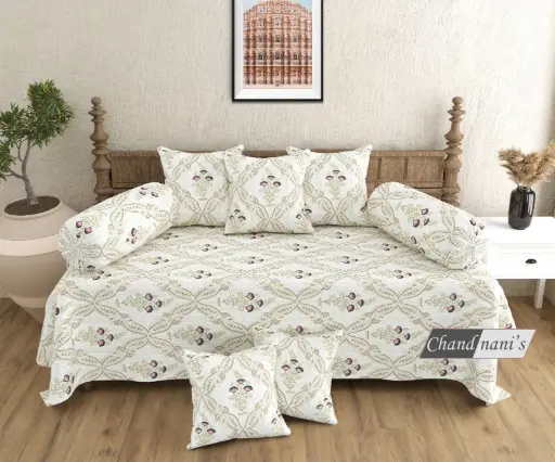 white/Super Home Luxury Pure Cotton Diwan Set 8 Pcs – Bedsheet, 5 Cushions & 2 Bolster Covers