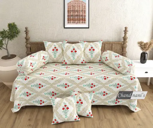 white/Super Home Designer 8 Pcs Diwan Set in Pure Cotton with Cushion & Bolster Covers