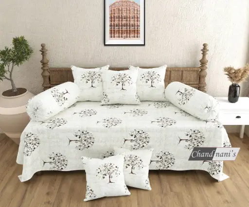white/Super Home Modern 8 Pcs Pure Cotton Diwan Bedsheet Set with Cushion & Bolster Covers