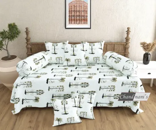 white/Super Home Complete 8 Pcs Pure Cotton Diwan Set with Bedsheet & Cushion Covers