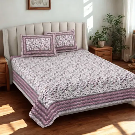 Purple| King Size Pure Cotton Bedsheet with Pillow Covers – 93x108 Inches Ethnic Design