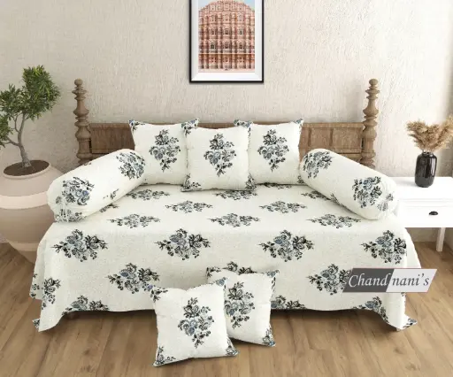 white/Super Home Traditional Pure Cotton Diwan Set of 8 Pcs with Cushion & Bolster Covers