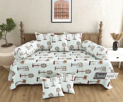 white/Super Home Elegant Pure Cotton Diwan Set – 8 Pcs Bedsheet with Cushion & Bolster Covers