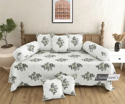white/Super Home Elegant Pure Cotton Diwan Set – 8 Pcs Bedsheet with Cushion & Bolster Covers