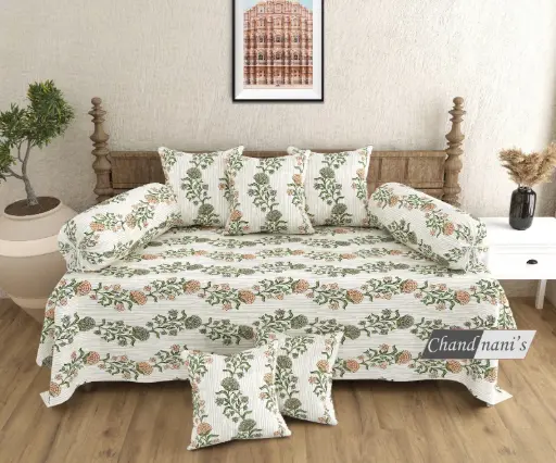 white/Super Home Elegant Pure Cotton Diwan Set – 8 Pcs Bedsheet with Cushion & Bolster Covers