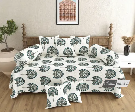 white/Super Home Traditional Pure Cotton Diwan Set of 8 Pcs with Cushion & Bolster Covers