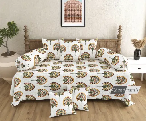 white/Super Home Designer 8 Pcs Diwan Set in Pure Cotton with Cushion & Bolster Covers