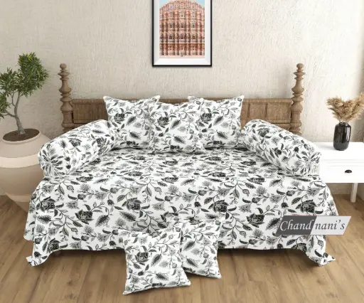 WHITE/Super Home Designer 8 Pcs Diwan Set in Pure Cotton with Cushion & Bolster Covers