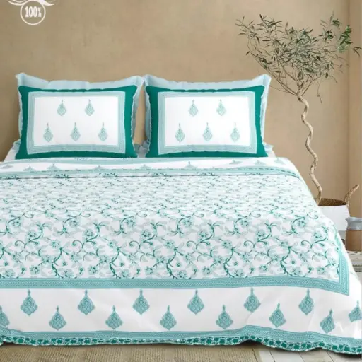 blue/white/Super Home Soft & Breathable 100x108 King Size Cotton Bedsheet Set