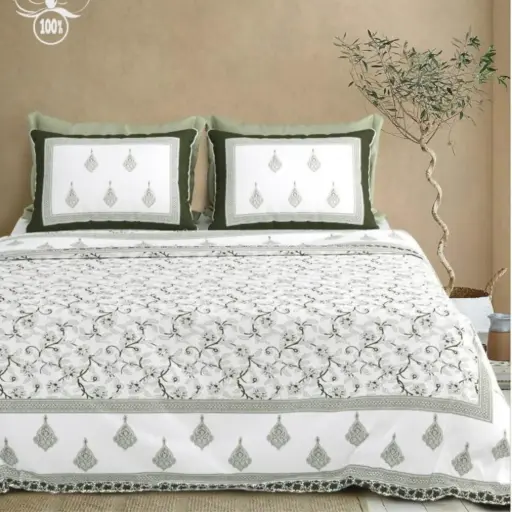 white/green/Super Home Soft & Breathable 100x108 King Size Cotton Bedsheet Set