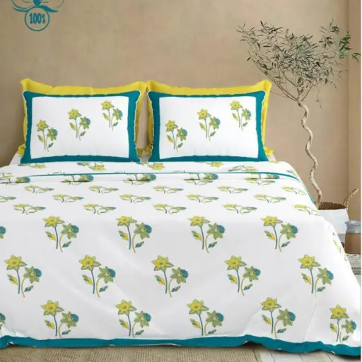 white/blue/Super Home 100x108 King Size Pure Cotton Double Bed Bedsheet Online