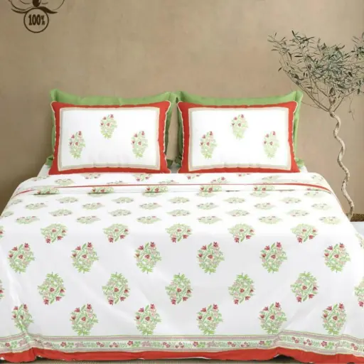 white-red/Super Home Comfortable 100x108 King Size Cotton Bedsheet for Daily Use
