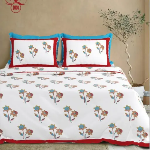 white-red/Super Home Comfortable 100x108 King Size Cotton Bedsheet for Daily Use