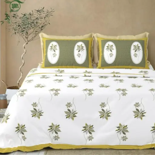 white-green/Super Home Designer Cotton Bedsheet 100x108 King Size for Bedroom Styling