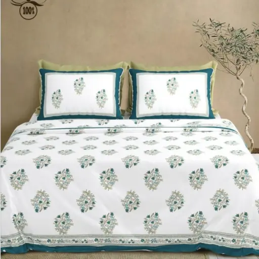 white-green/Super Home Long-Lasting Pure Cotton Bedsheet 100x108 King Size
