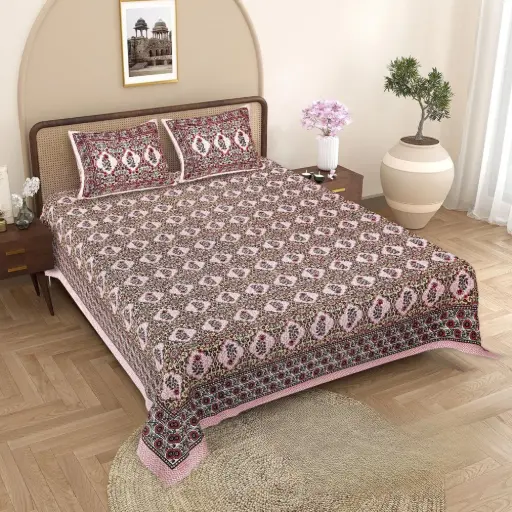 Pink | Super Home Elegant Floral Print 93x108 Inches Cotton Double Bedsheet Set