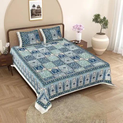 Blue | Super Home Traditional Jaipuri Print 93x108 Inches Bedsheet for Double Bed