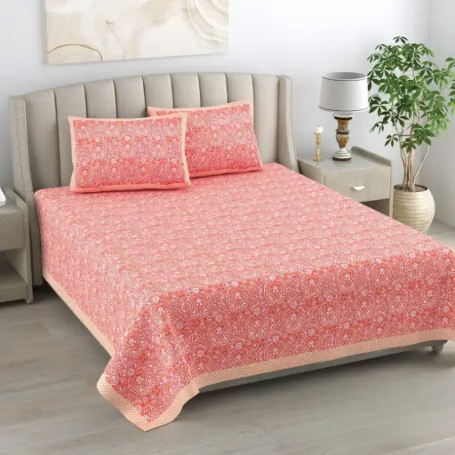 Peach | Super Home Traditional Jaipuri Print 93x108 Inches Bedsheet for Double Bed