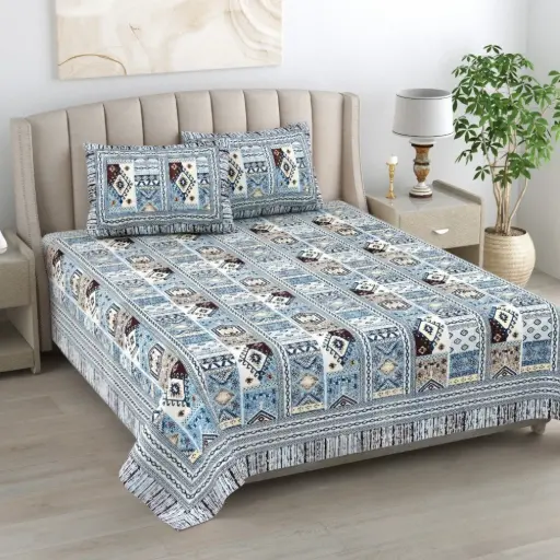 Blue & Grey | Super Home Ultra Soft Cotton Bedsheet 93x108 Inches with Elegant Look