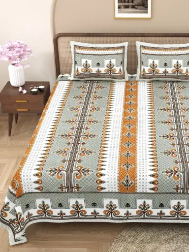 GREEN & BROWN /Pure Cotton Bedsheet 108x108 Inches with 2 Pillow Covers – Smooth Finish & Skin Friendly/SUPERHOME