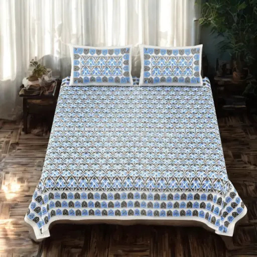 BLUE/Super Home 108x108 Inches Bedsheet – Trendy Geometric Cotton Print