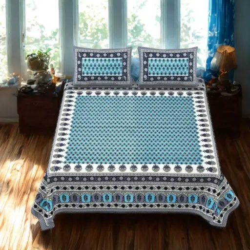 BLUE/Super Home 108x108 Inches King Size Bedsheet – Floral Printed Cotton