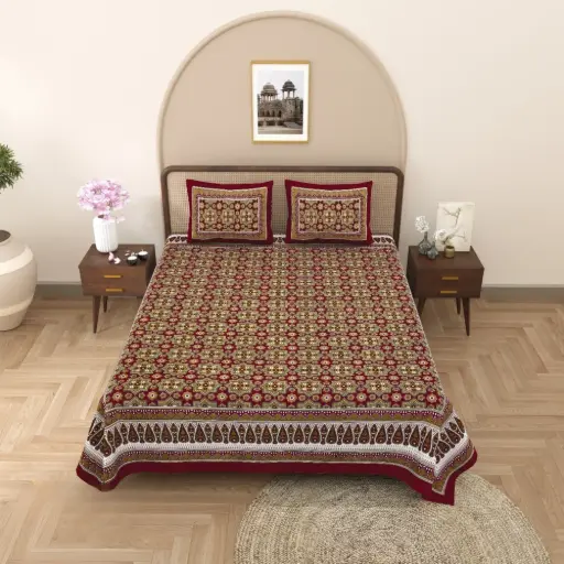 Super Home Premium Kalamkari Cotton Double Bedsheet 93×108 Inches with 2 Pillow Covers