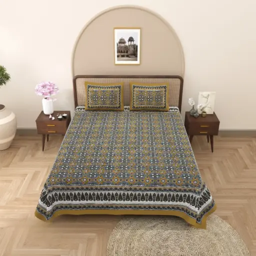 Super Home Handcrafted Kalamkari Style Bedsheet – Soft Cotton Fabric, King Size 93×108