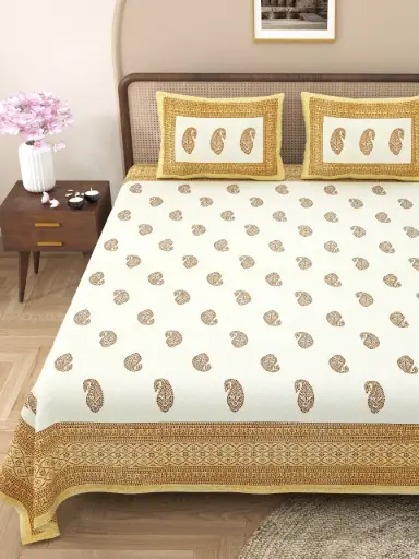 YELLOW &WHITE/Premium 108x108 Cotton Bedsheet with 2 Pillow Covers – Perfect for Home & Gifting/SUPERHOME
