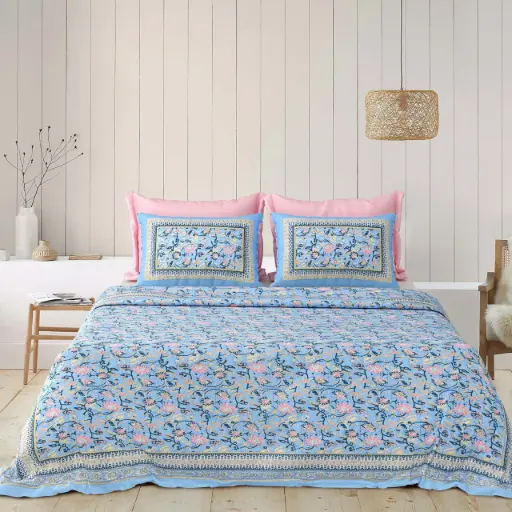 BLUE/Super Home Kalamkari Design Bedsheet 93x108 Inches – Rich Heritage Print in Cotton