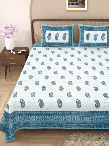BLUE & WHITE/Luxury King Size 108x108 Bedsheet with 2 Pillow Covers – 100% Cotton Comfort/SUPERHOME
