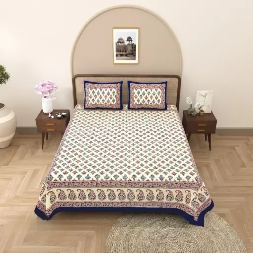 BROWN/Super Home Ethnic Kalamkari Design Double Bed Bedsheet 93×108 with Matching Pillow Covers