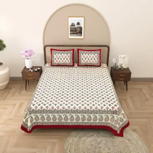 RED/Super Home Luxury Kalamkari Print Double Bed Bedsheet with 2 Pillow Covers | Soft Cotton