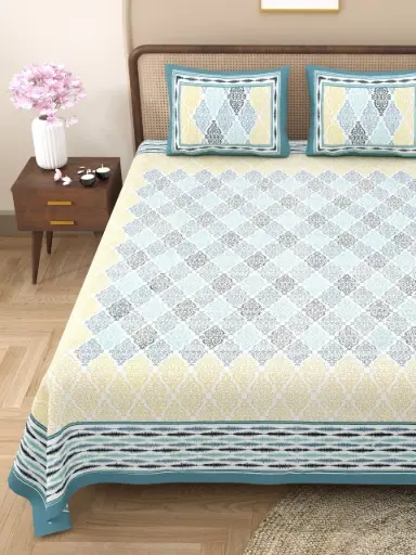 BLUE & YELLOW/Pure Cotton Double Bedsheet 108x108 Inches with 2 Pillow Covers – Breathable & Comfortable/SUPERHOME