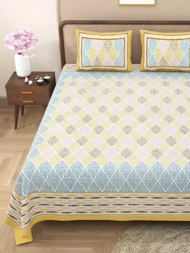 YELLOW/Ethnic Print 108x108 Pure Cotton King Size Bedsheet with 2 Pillow Covers – Traditional Design/SUPERHOME