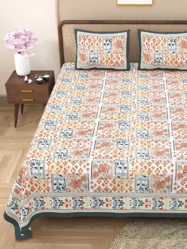 MULTICOLOR/Ethnic Print 108x108 Pure Cotton King Size Bedsheet with 2 Pillow Covers – Traditional Design/SUPERHOME