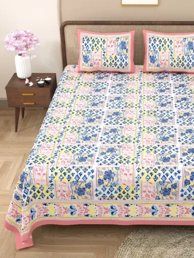 MULTICOLOR/Premium 108x108 Cotton Bedsheet with 2 Pillow Covers – Fade Resistant Colors/SUPERHOME