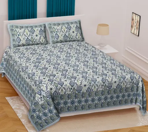 BLUE/108x108 Inches Double King Size Bedsheet Pure Cotton with 2 Pillow Covers – Stylish Prints/SUPERHOME