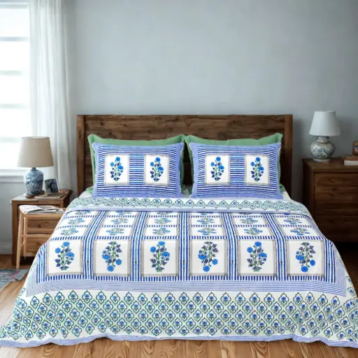Blue & White | Super King size Bedsheet 108*108 inches |2 pillow covers| Pure cotton|
