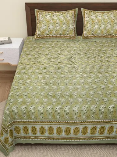GREEN/108x108 Pure Cotton Bedsheet with 2 Pillow Covers – Premium Finish & Comfort/SUPERHOME