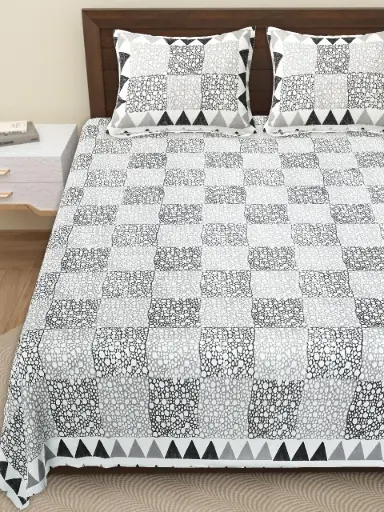 GREY CHECKS/Pure Cotton Double Bedsheet 108x108 Inches with 2 Pillow Covers – Smooth Touch Fabric/SUPERHOME