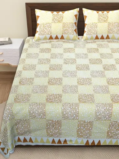 YELLOW CHECKS/Pure Cotton Double Bedsheet 108x108 Inches with 2 Pillow Covers – Smooth Touch Fabric/SUPERHOME