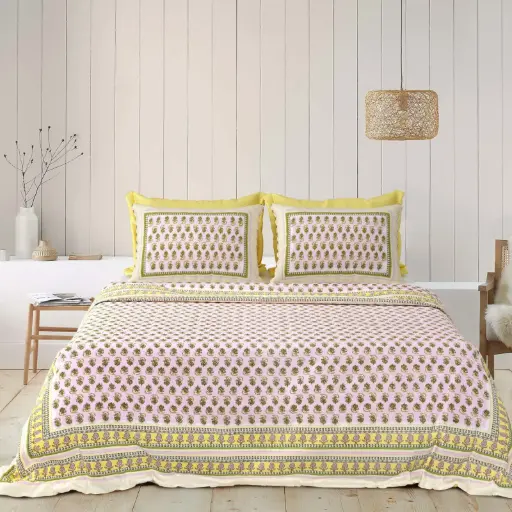 PINK & YELLOW/Super Home Breathable Pure Cotton Bedsheet 93x108 Inches with 2 Pillow Covers/SUPERHOME