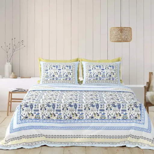 BLUE/Super Home Large Size 93x108 Cotton Bedsheet with Matching Pillow Covers