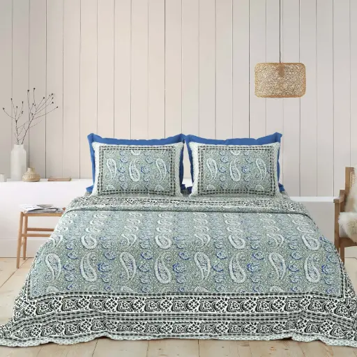 BLUE & GREY/Super Home Large Size 93x108 Cotton Bedsheet with Matching Pillow Covers